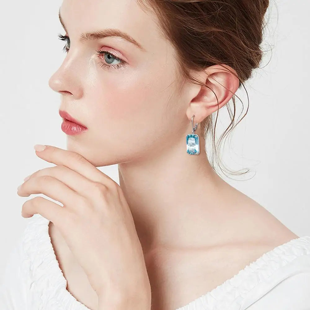 Real 925 Sterling Silver Earrings For Women Fashion Jewelry Gemstone Aquamarine Rectangle Engagement Wedding Fine Jewellery Gift