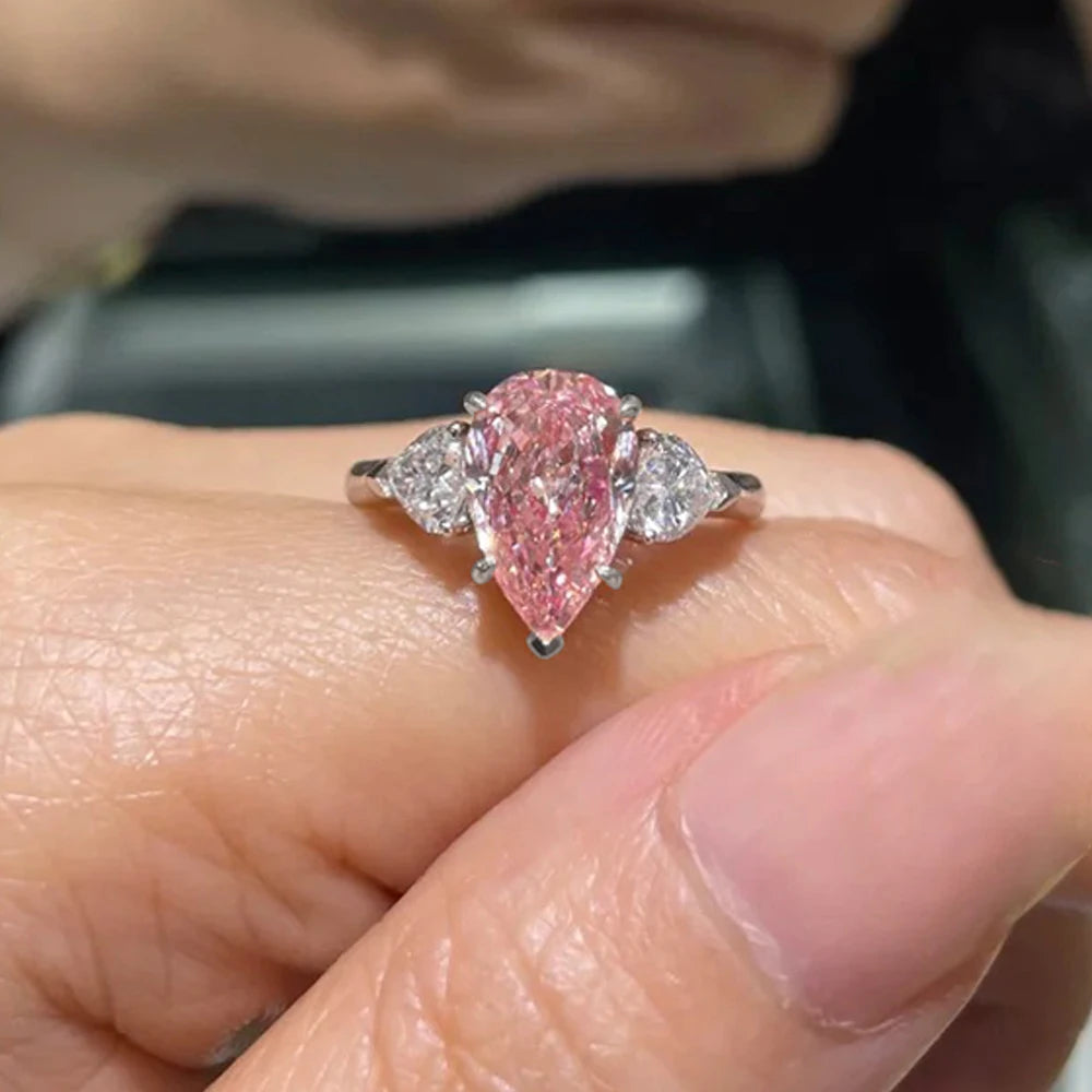 MUXIFC Pear Cut Moissanite Ring for Women Pink 3 Stone D Color Lab Diamond Wedding Band S925 Sterling Silver Fine Jewelry Gift