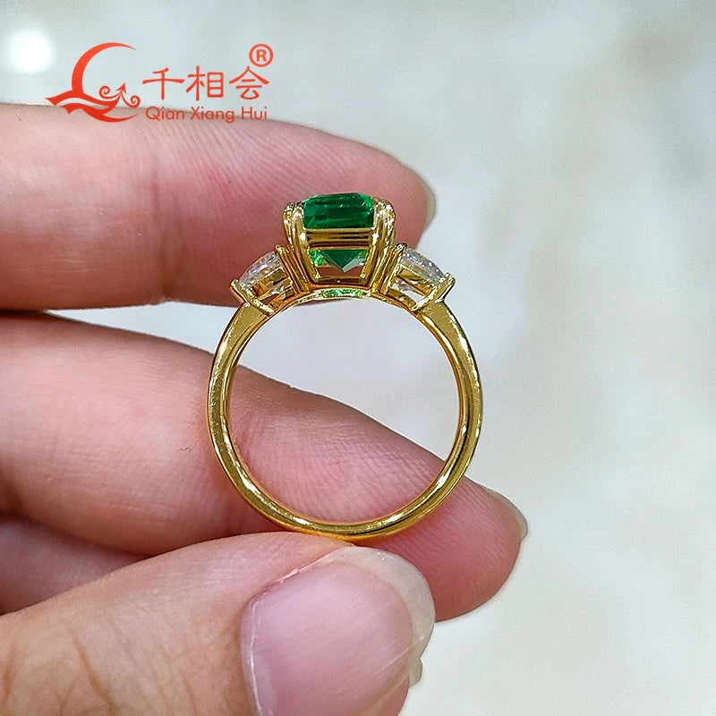 Lab Grown Emerald Colombia Green Color Ring 7x9MM Trillion Moissanite 10k 14k 18k Real Gold Wedding Engagement  Gift Jewelry