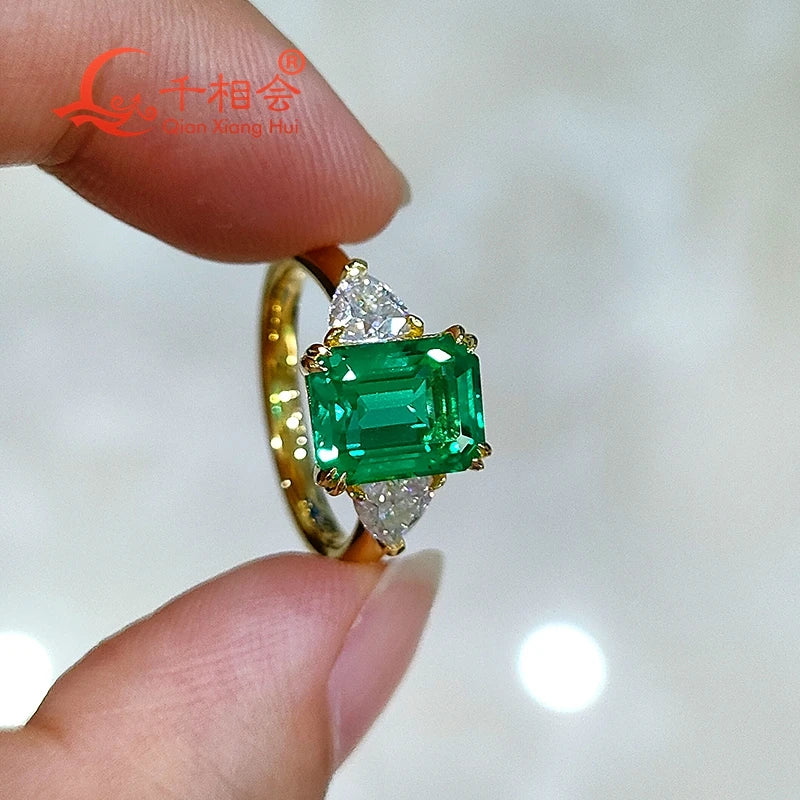 Lab Grown Emerald Colombia Green Color Ring 7x9MM Trillion Moissanite 10k 14k 18k Real Gold Wedding Engagement  Gift Jewelry