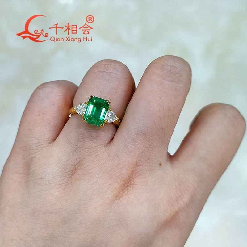 Lab Grown Emerald Colombia Green Color Ring 7x9MM Trillion Moissanite 10k 14k 18k Real Gold Wedding Engagement  Gift Jewelry