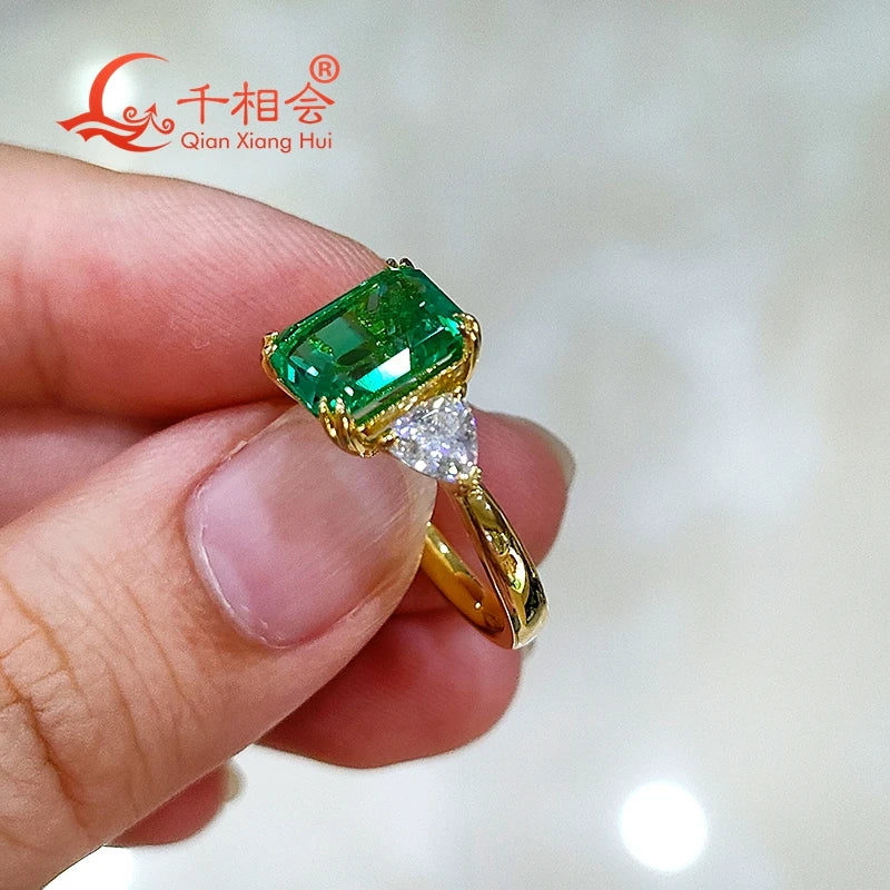 Lab Grown Emerald Colombia Green Color Ring 7x9MM Trillion Moissanite 10k 14k 18k Real Gold Wedding Engagement  Gift Jewelry