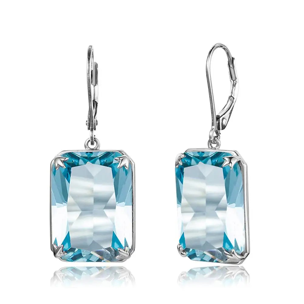 Real 925 Sterling Silver Earrings For Women Fashion Jewelry Gemstone Aquamarine Rectangle Engagement Wedding Fine Jewellery Gift