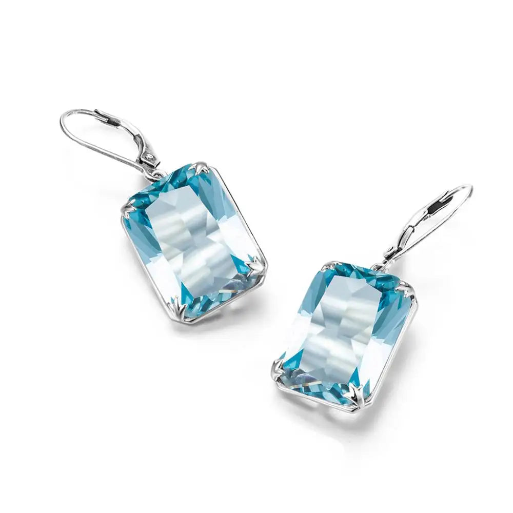 Real 925 Sterling Silver Earrings For Women Fashion Jewelry Gemstone Aquamarine Rectangle Engagement Wedding Fine Jewellery Gift