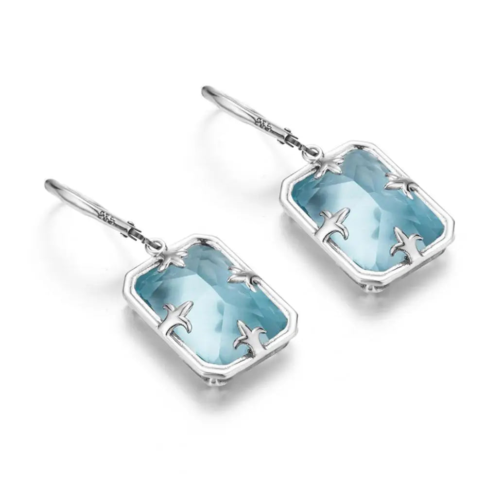 Real 925 Sterling Silver Earrings For Women Fashion Jewelry Gemstone Aquamarine Rectangle Engagement Wedding Fine Jewellery Gift