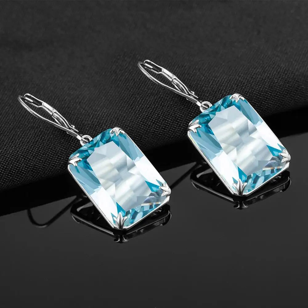 Real 925 Sterling Silver Earrings For Women Fashion Jewelry Gemstone Aquamarine Rectangle Engagement Wedding Fine Jewellery Gift