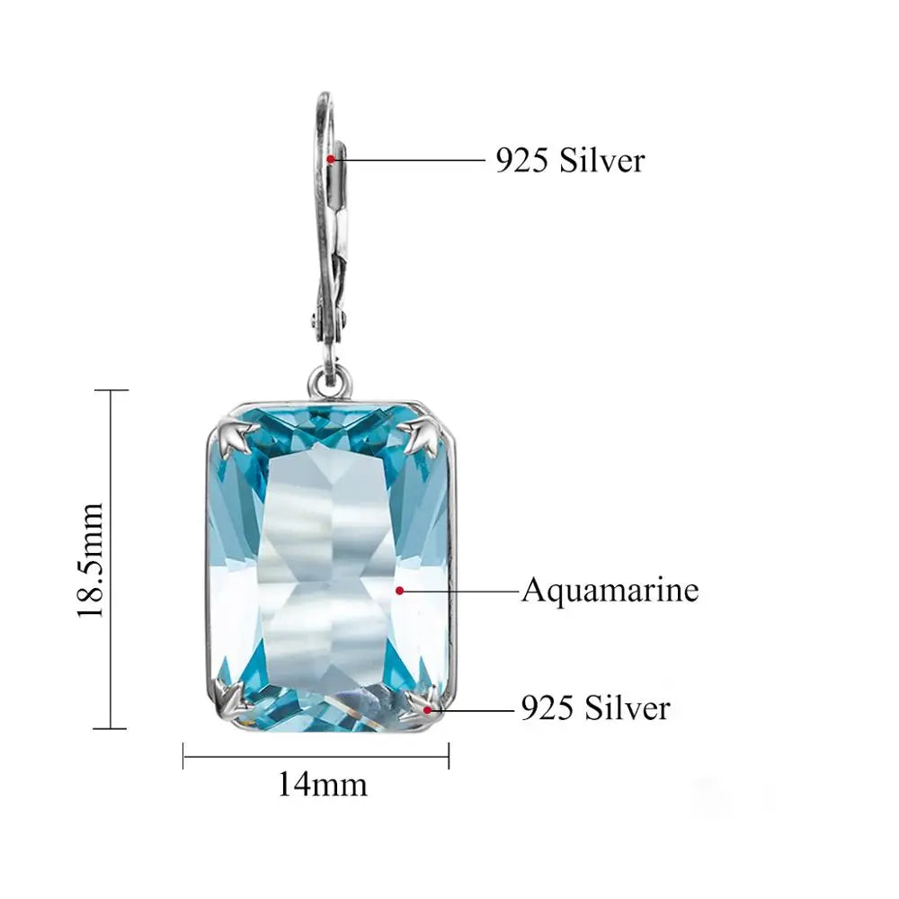Real 925 Sterling Silver Earrings For Women Fashion Jewelry Gemstone Aquamarine Rectangle Engagement Wedding Fine Jewellery Gift