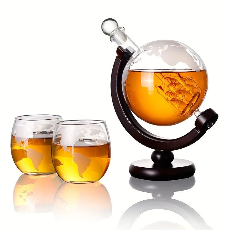 Whiskey Decanter Set  - Etched World Globe Design with Wooden Base & 2 Glasses Beverage Drink Liquor Dispenser -Gift Set for Men