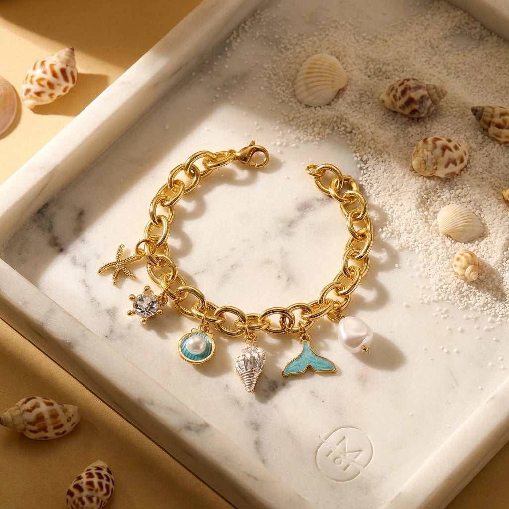 Trend Gold Color Chunky Chain Bracelet for Women Ocean Charm Star Mermaid Tail Imitation Pearl Bangle Summer Beach Jewelry Gift