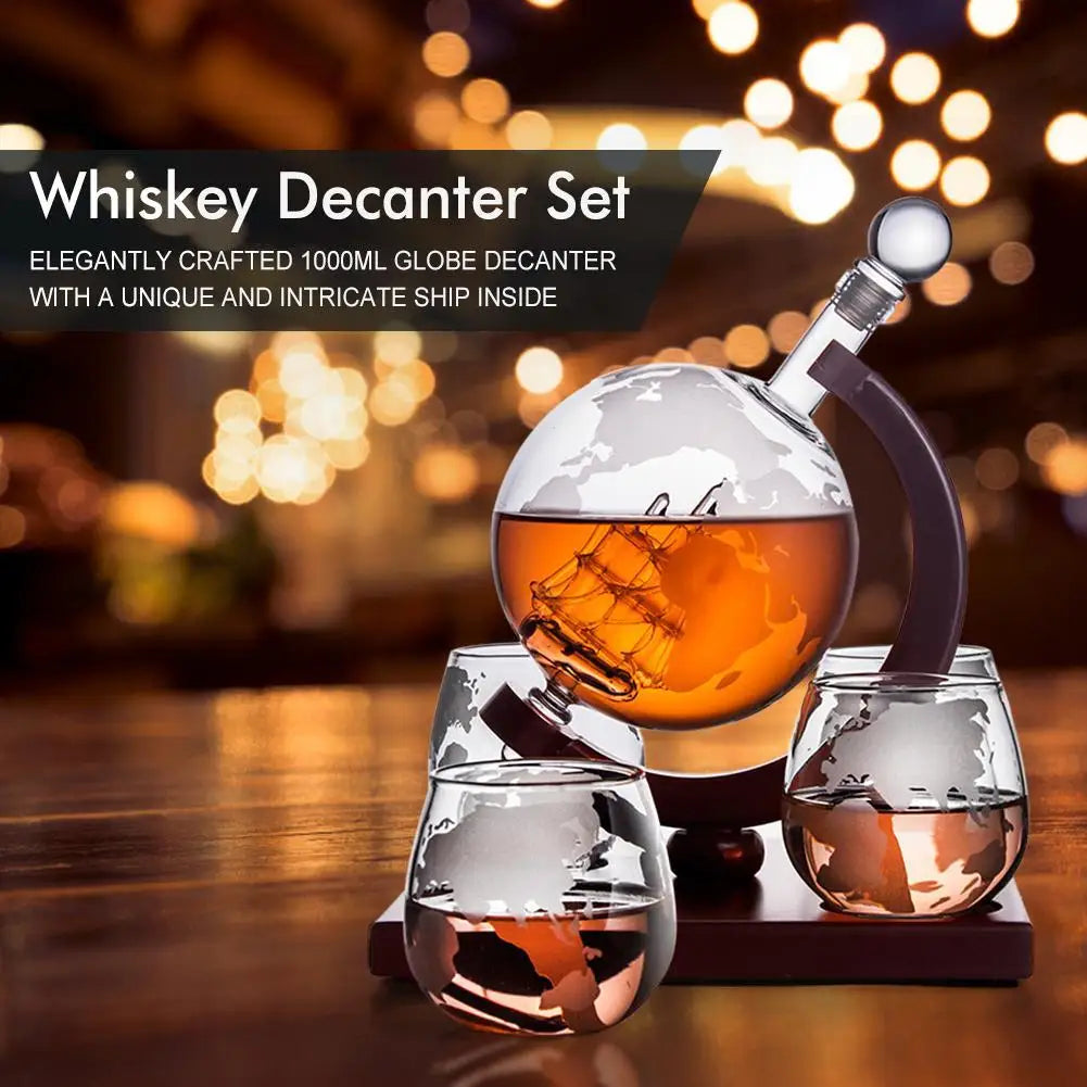 Whiskey Decanter Set  - Etched World Globe Design with Wooden Base & 2 Glasses Beverage Drink Liquor Dispenser -Gift Set for Men