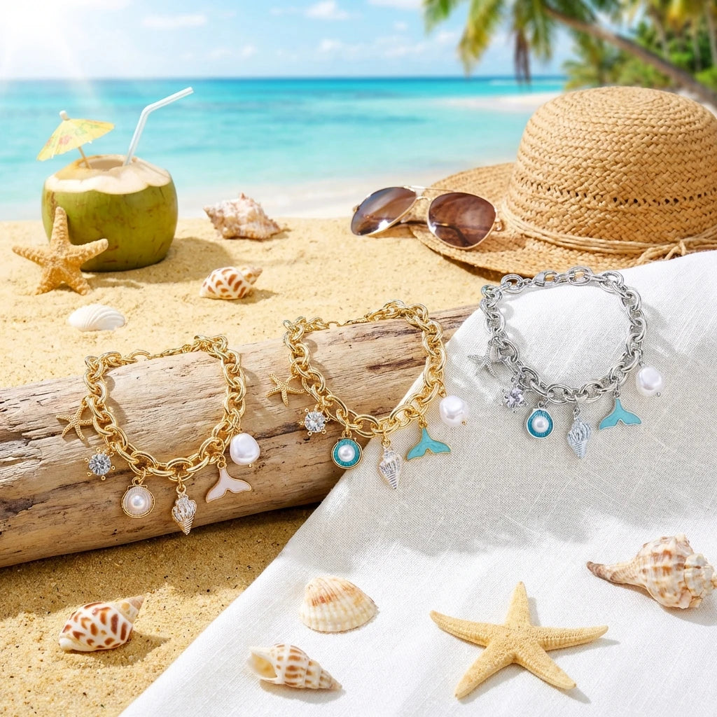 Trend Gold Color Chunky Chain Bracelet for Women Ocean Charm Star Mermaid Tail Imitation Pearl Bangle Summer Beach Jewelry Gift