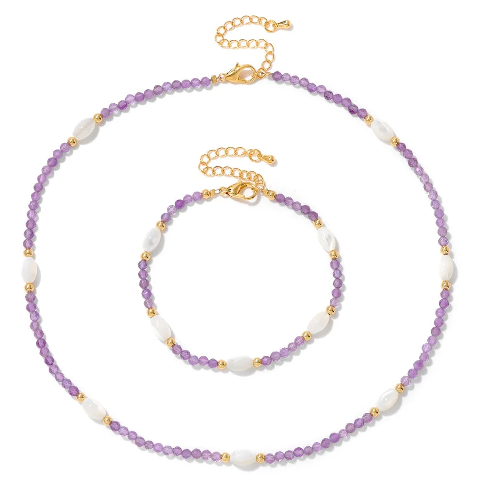 Natural Aquamarine Necklace Bracelet Mother Of Pearl 3mm Faceted Beads Rose Quartz Crystal Amethyst Labradorite Jewelry Set