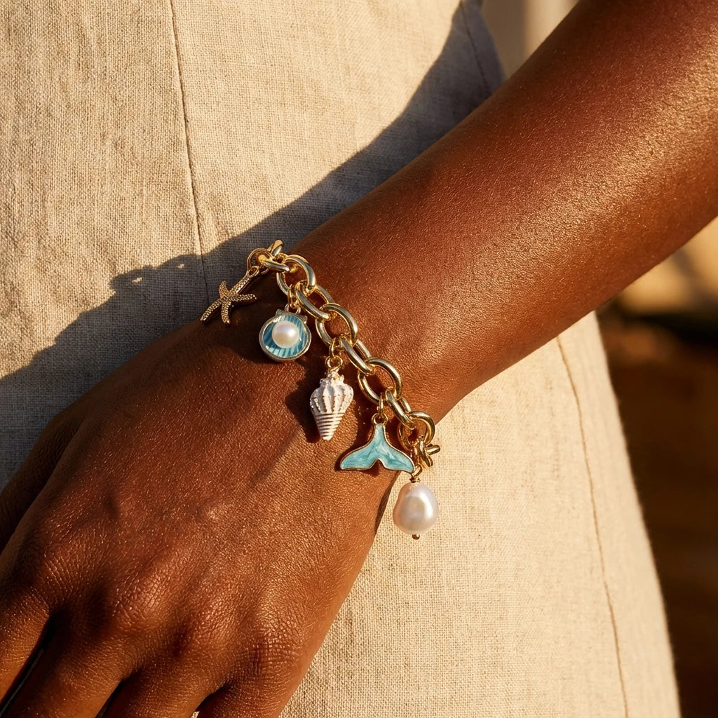 Trend Gold Color Chunky Chain Bracelet for Women Ocean Charm Star Mermaid Tail Imitation Pearl Bangle Summer Beach Jewelry Gift