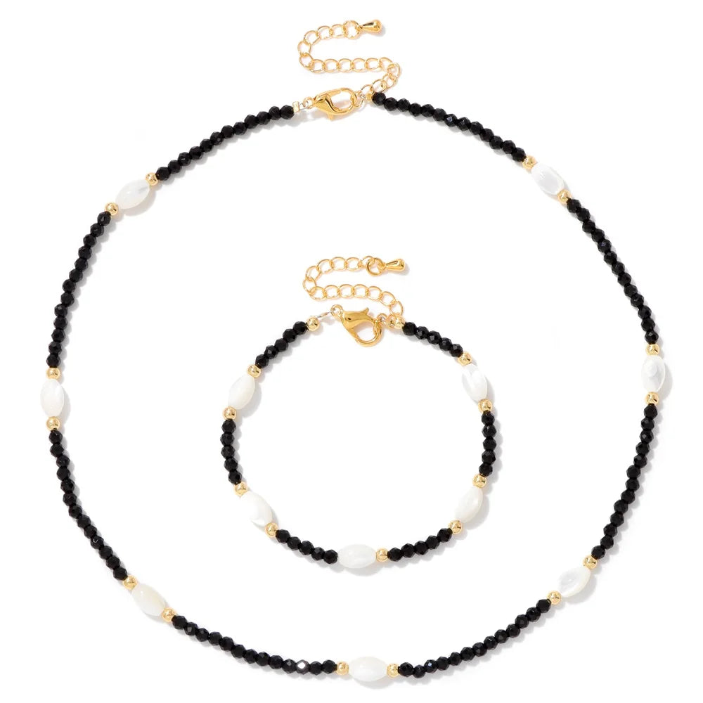 Natural Aquamarine Necklace Bracelet Mother Of Pearl 3mm Faceted Beads Rose Quartz Crystal Amethyst Labradorite Jewelry Set