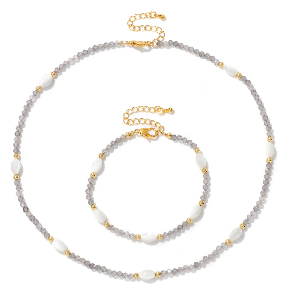 Natural Aquamarine Necklace Bracelet Mother Of Pearl 3mm Faceted Beads Rose Quartz Crystal Amethyst Labradorite Jewelry Set