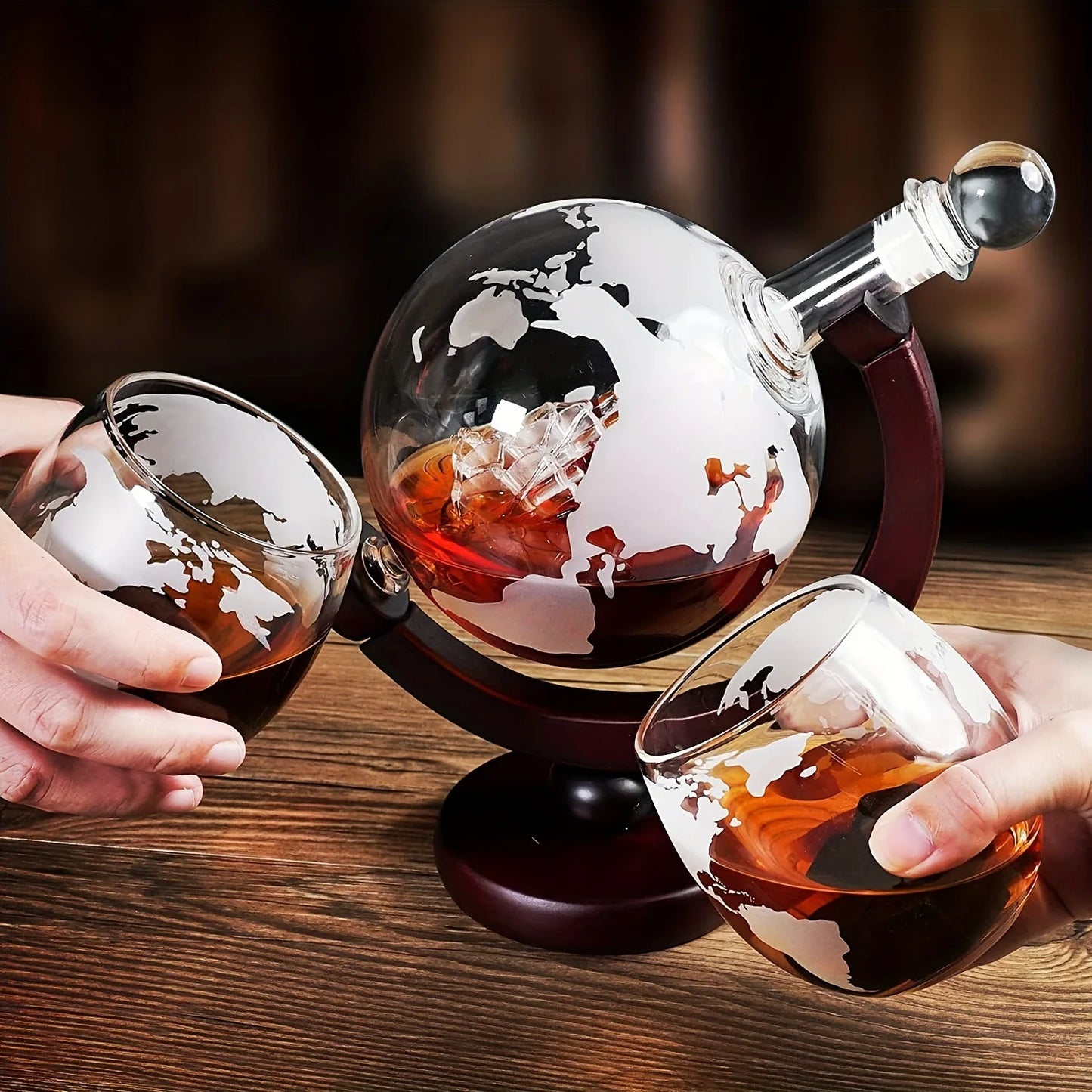 Whiskey Decanter Set  - Etched World Globe Design with Wooden Base & 2 Glasses Beverage Drink Liquor Dispenser -Gift Set for Men