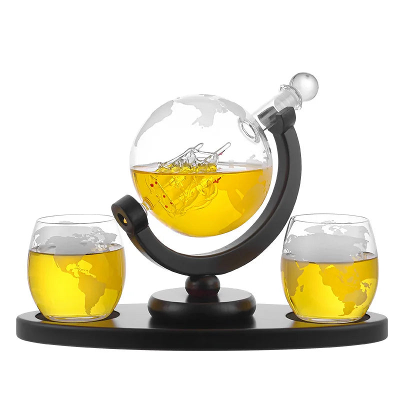 Whiskey Decanter Set  - Etched World Globe Design with Wooden Base & 2 Glasses Beverage Drink Liquor Dispenser -Gift Set for Men