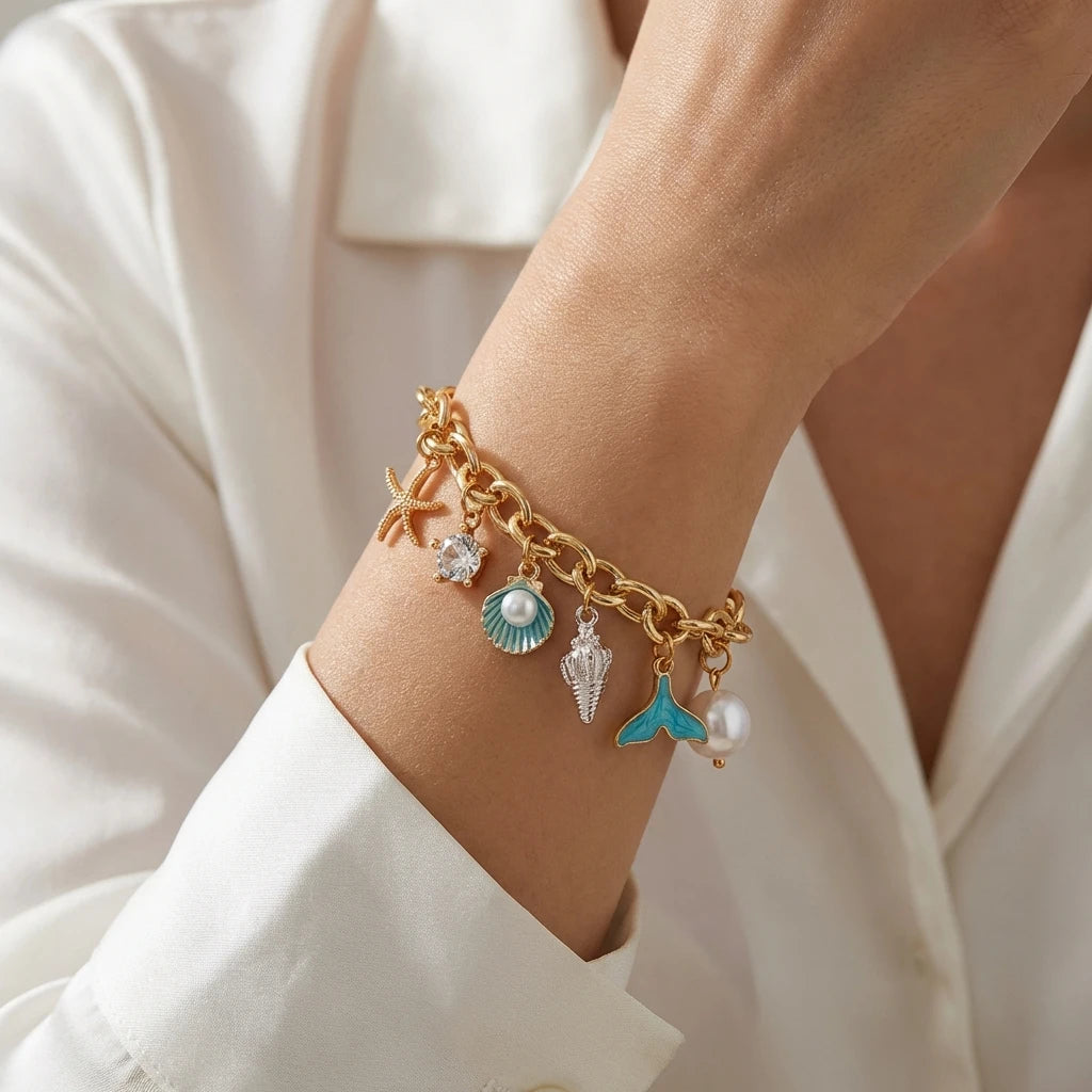 Trend Gold Color Chunky Chain Bracelet for Women Ocean Charm Star Mermaid Tail Imitation Pearl Bangle Summer Beach Jewelry Gift