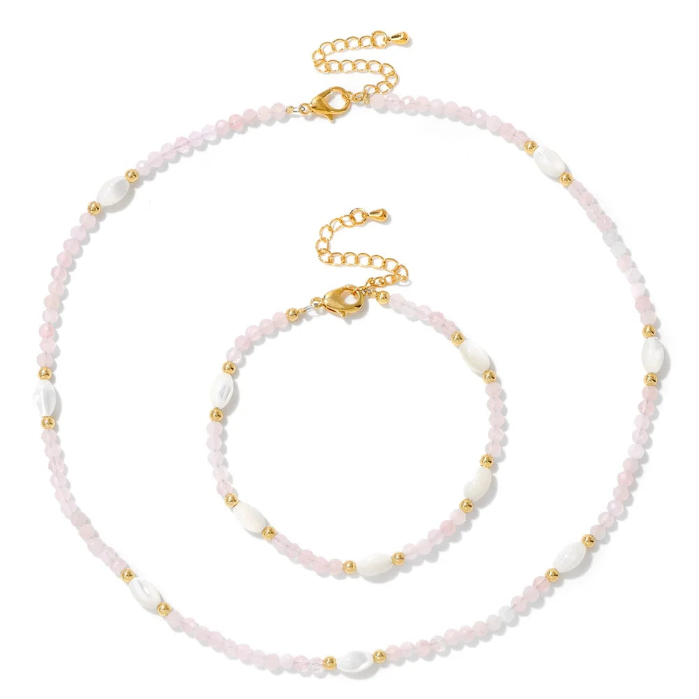 Natural Aquamarine Necklace Bracelet Mother Of Pearl 3mm Faceted Beads Rose Quartz Crystal Amethyst Labradorite Jewelry Set