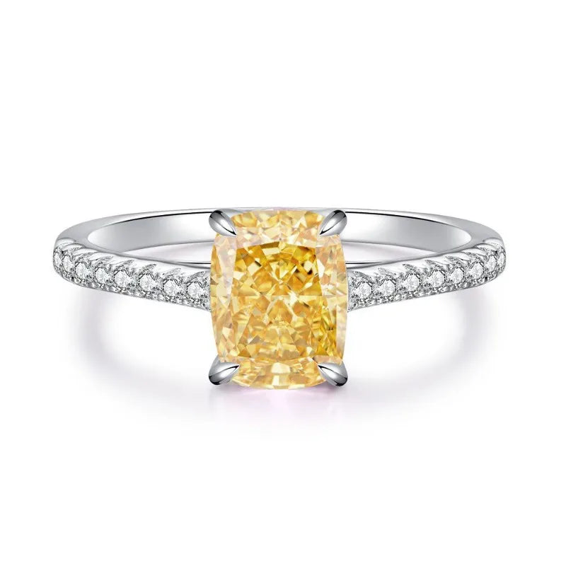 Shining U S925 Silver High Carbon Diamond 2CT Yellow Gems Ring for Women Radiant Cut Fine Jewelry Gift