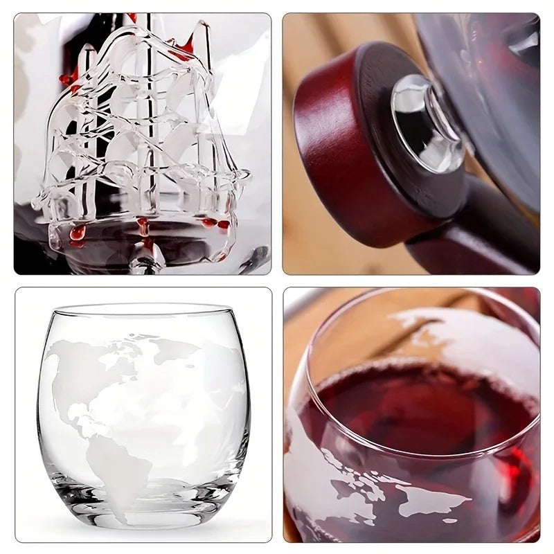 Whiskey Decanter Set  - Etched World Globe Design with Wooden Base & 2 Glasses Beverage Drink Liquor Dispenser -Gift Set for Men