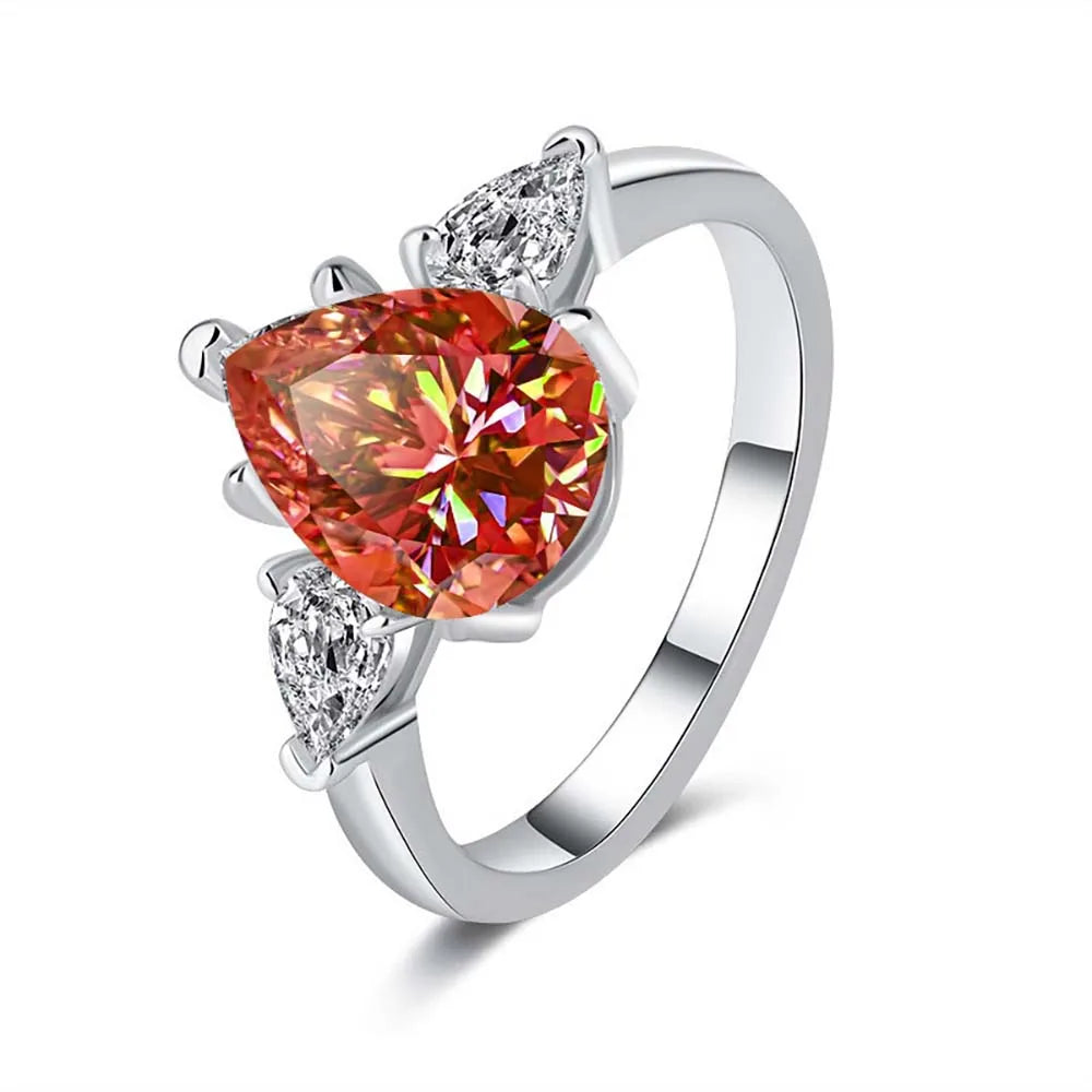 MUXIFC Pear Cut Moissanite Ring for Women Pink 3 Stone D Color Lab Diamond Wedding Band S925 Sterling Silver Fine Jewelry Gift
