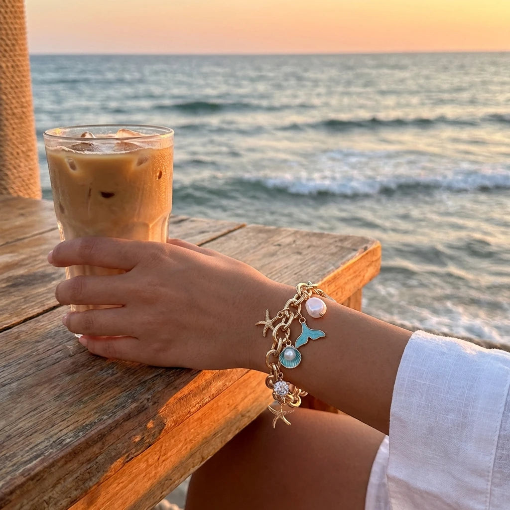 Trend Gold Color Chunky Chain Bracelet for Women Ocean Charm Star Mermaid Tail Imitation Pearl Bangle Summer Beach Jewelry Gift
