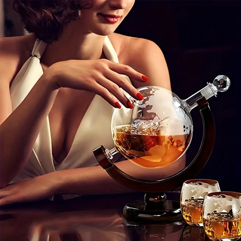 Whiskey Decanter Set  - Etched World Globe Design with Wooden Base & 2 Glasses Beverage Drink Liquor Dispenser -Gift Set for Men