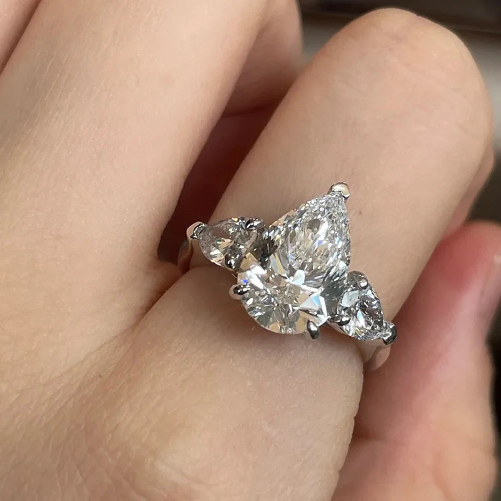 MUXIFC Pear Cut Moissanite Ring for Women Pink 3 Stone D Color Lab Diamond Wedding Band S925 Sterling Silver Fine Jewelry Gift