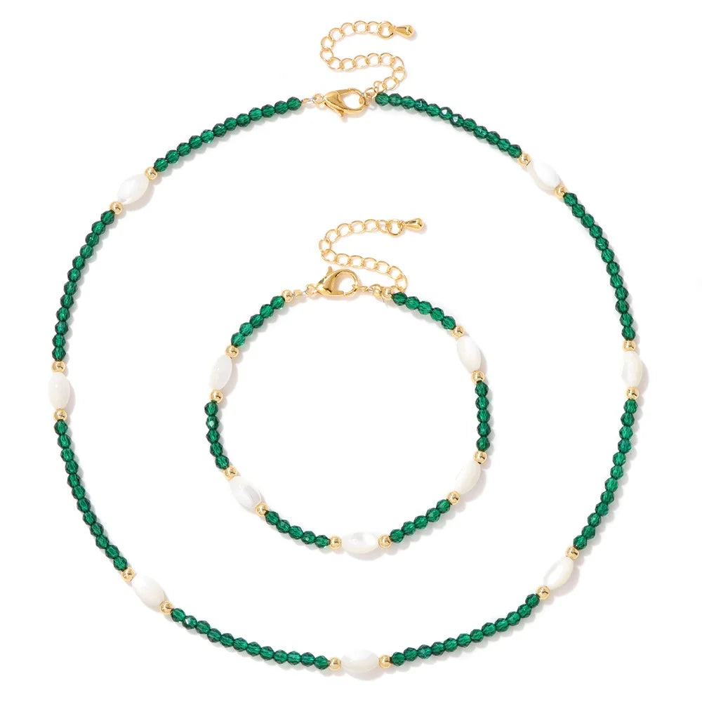 Natural Aquamarine Necklace Bracelet Mother Of Pearl 3mm Faceted Beads Rose Quartz Crystal Amethyst Labradorite Jewelry Set