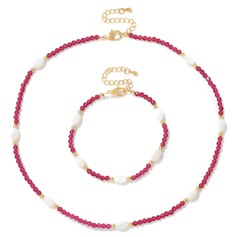Natural Aquamarine Necklace Bracelet Mother Of Pearl 3mm Faceted Beads Rose Quartz Crystal Amethyst Labradorite Jewelry Set