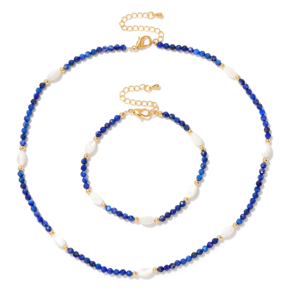 Natural Aquamarine Necklace Bracelet Mother Of Pearl 3mm Faceted Beads Rose Quartz Crystal Amethyst Labradorite Jewelry Set