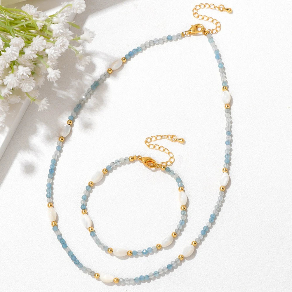 Natural Aquamarine Necklace Bracelet Mother Of Pearl 3mm Faceted Beads Rose Quartz Crystal Amethyst Labradorite Jewelry Set