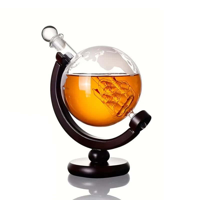 Whiskey Decanter Set  - Etched World Globe Design with Wooden Base & 2 Glasses Beverage Drink Liquor Dispenser -Gift Set for Men