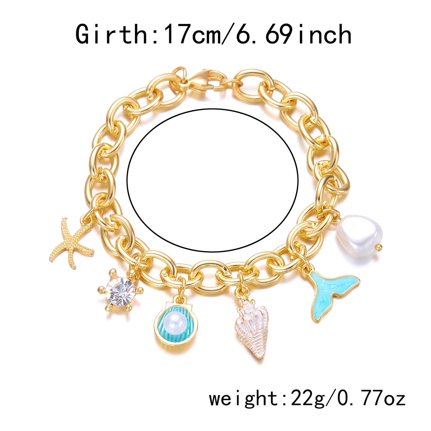 Trend Gold Color Chunky Chain Bracelet for Women Ocean Charm Star Mermaid Tail Imitation Pearl Bangle Summer Beach Jewelry Gift