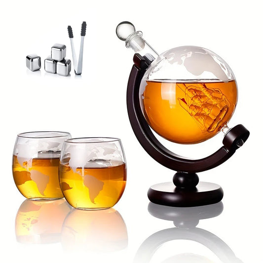 Whiskey Decanter Set  - Etched World Globe Design with Wooden Base & 2 Glasses Beverage Drink Liquor Dispenser -Gift Set for Men
