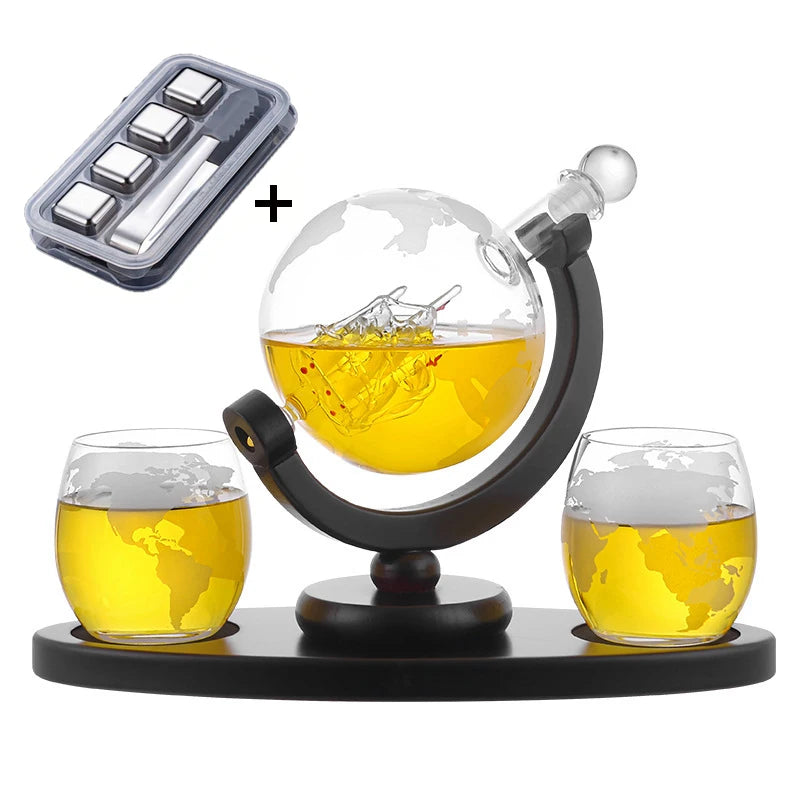 Whiskey Decanter Set  - Etched World Globe Design with Wooden Base & 2 Glasses Beverage Drink Liquor Dispenser -Gift Set for Men
