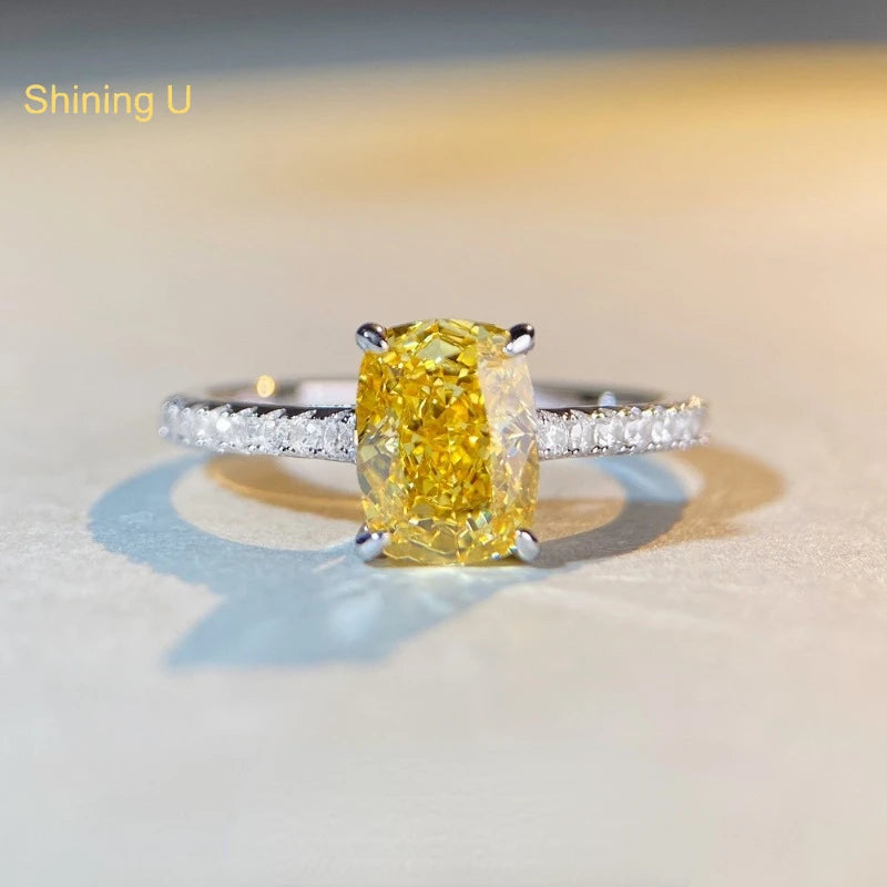 Shining U S925 Silver High Carbon Diamond 2CT Yellow Gems Ring for Women Radiant Cut Fine Jewelry Gift