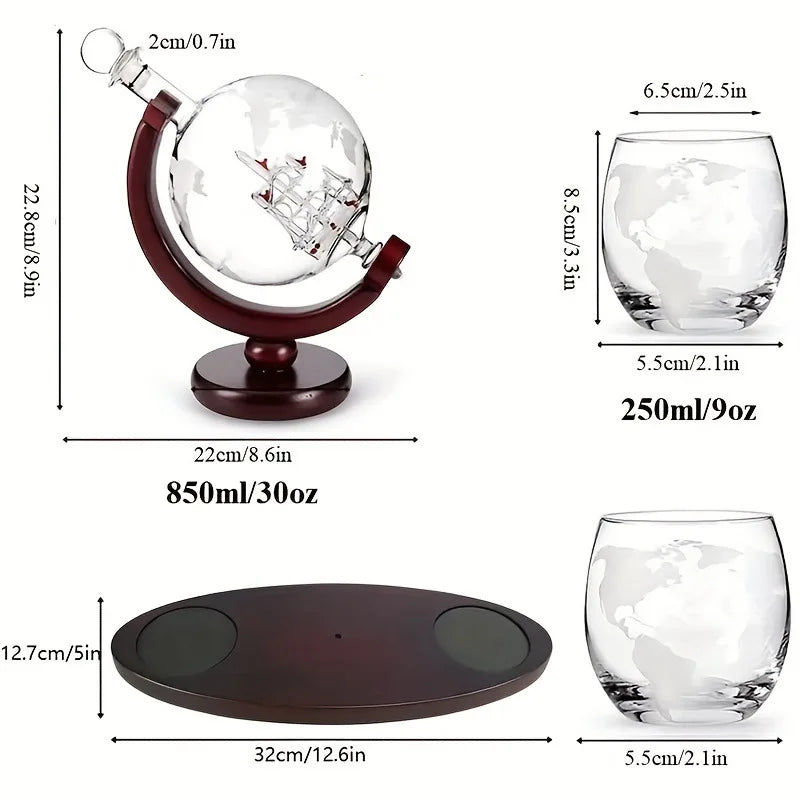 Whiskey Decanter Set  - Etched World Globe Design with Wooden Base & 2 Glasses Beverage Drink Liquor Dispenser -Gift Set for Men