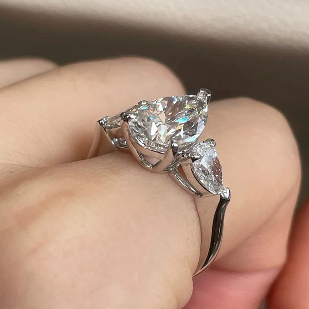 MUXIFC Pear Cut Moissanite Ring for Women Pink 3 Stone D Color Lab Diamond Wedding Band S925 Sterling Silver Fine Jewelry Gift