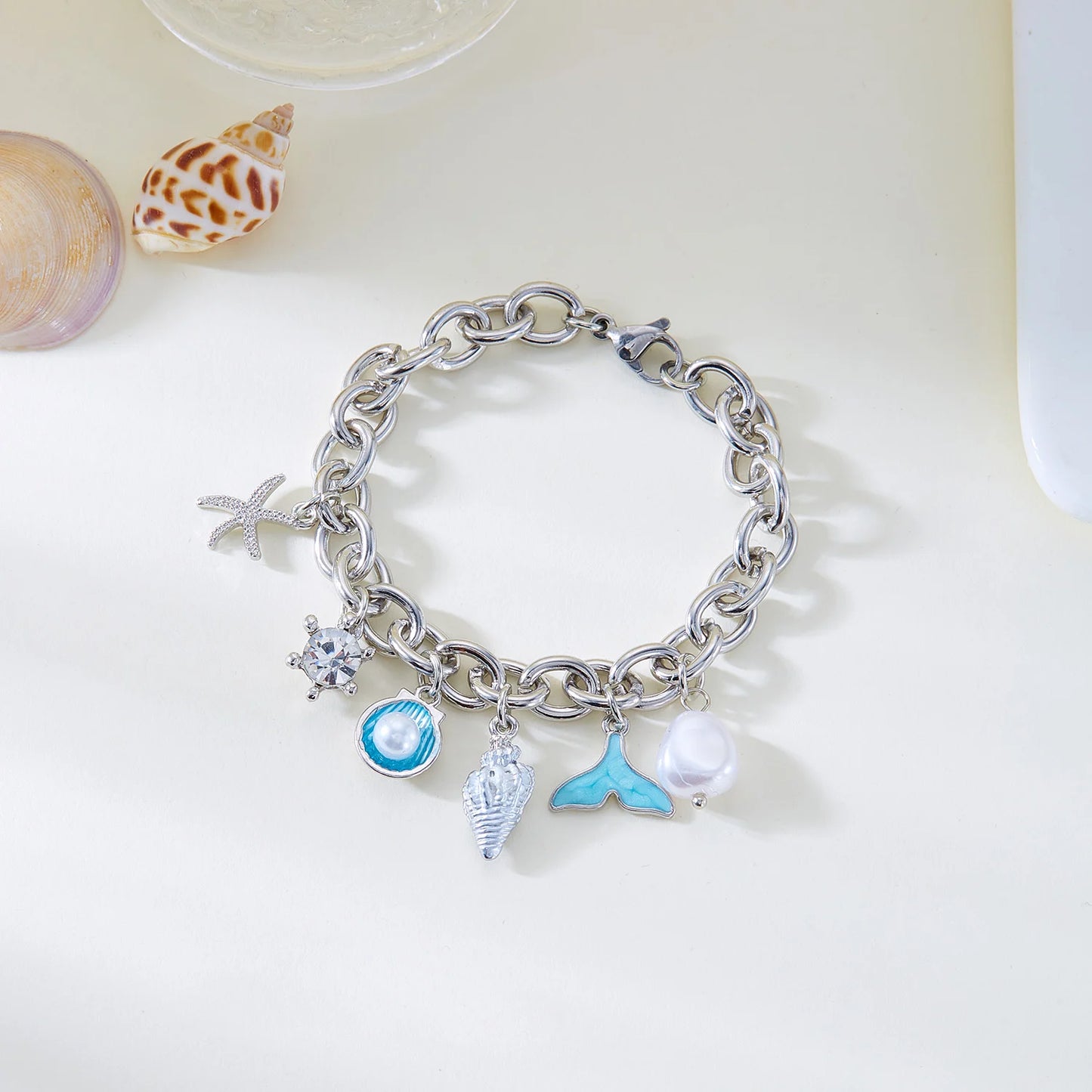 Trend Gold Color Chunky Chain Bracelet for Women Ocean Charm Star Mermaid Tail Imitation Pearl Bangle Summer Beach Jewelry Gift
