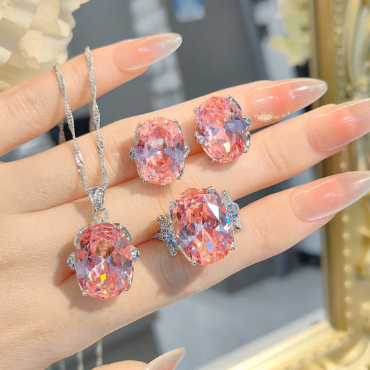925 Silver Shiny Zircon Water Blue Pink Diamond Colorful Pendant Necklace For Women Choker Girls Wedding Party Luxury Jewelry