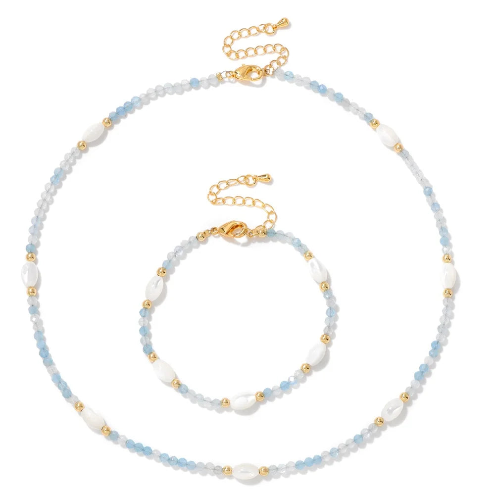 Natural Aquamarine Necklace Bracelet Mother Of Pearl 3mm Faceted Beads Rose Quartz Crystal Amethyst Labradorite Jewelry Set