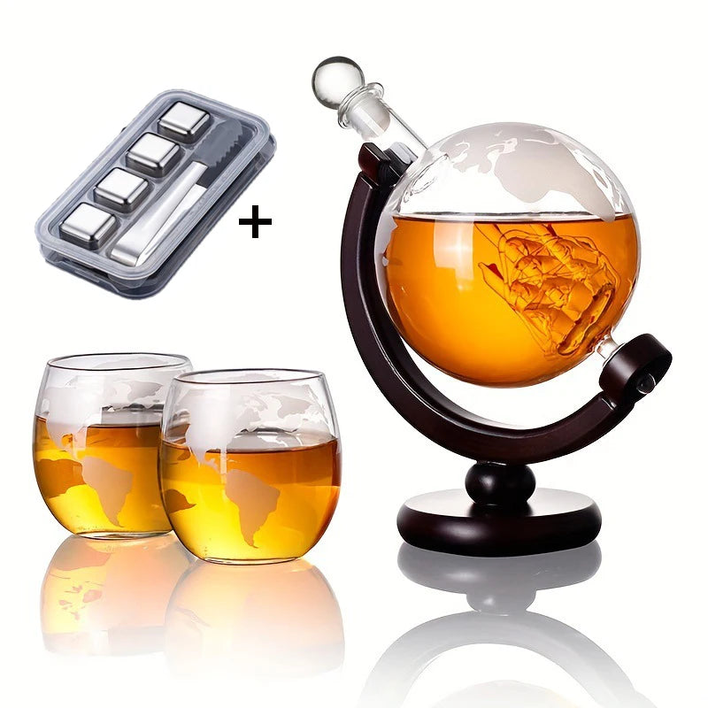Whiskey Decanter Set  - Etched World Globe Design with Wooden Base & 2 Glasses Beverage Drink Liquor Dispenser -Gift Set for Men