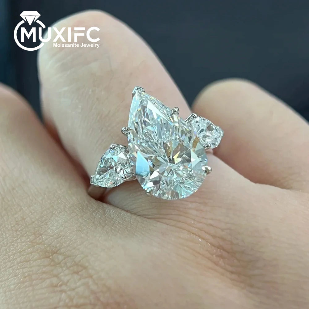MUXIFC Pear Cut Moissanite Ring for Women Pink 3 Stone D Color Lab Diamond Wedding Band S925 Sterling Silver Fine Jewelry Gift