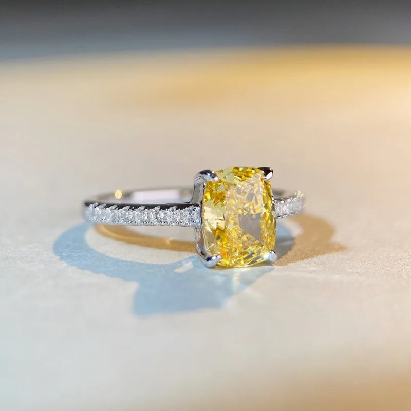Shining U S925 Silver High Carbon Diamond 2CT Yellow Gems Ring for Women Radiant Cut Fine Jewelry Gift
